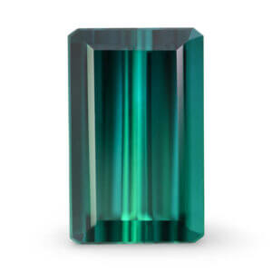 Emerald-cut bluish-green loose gemstone